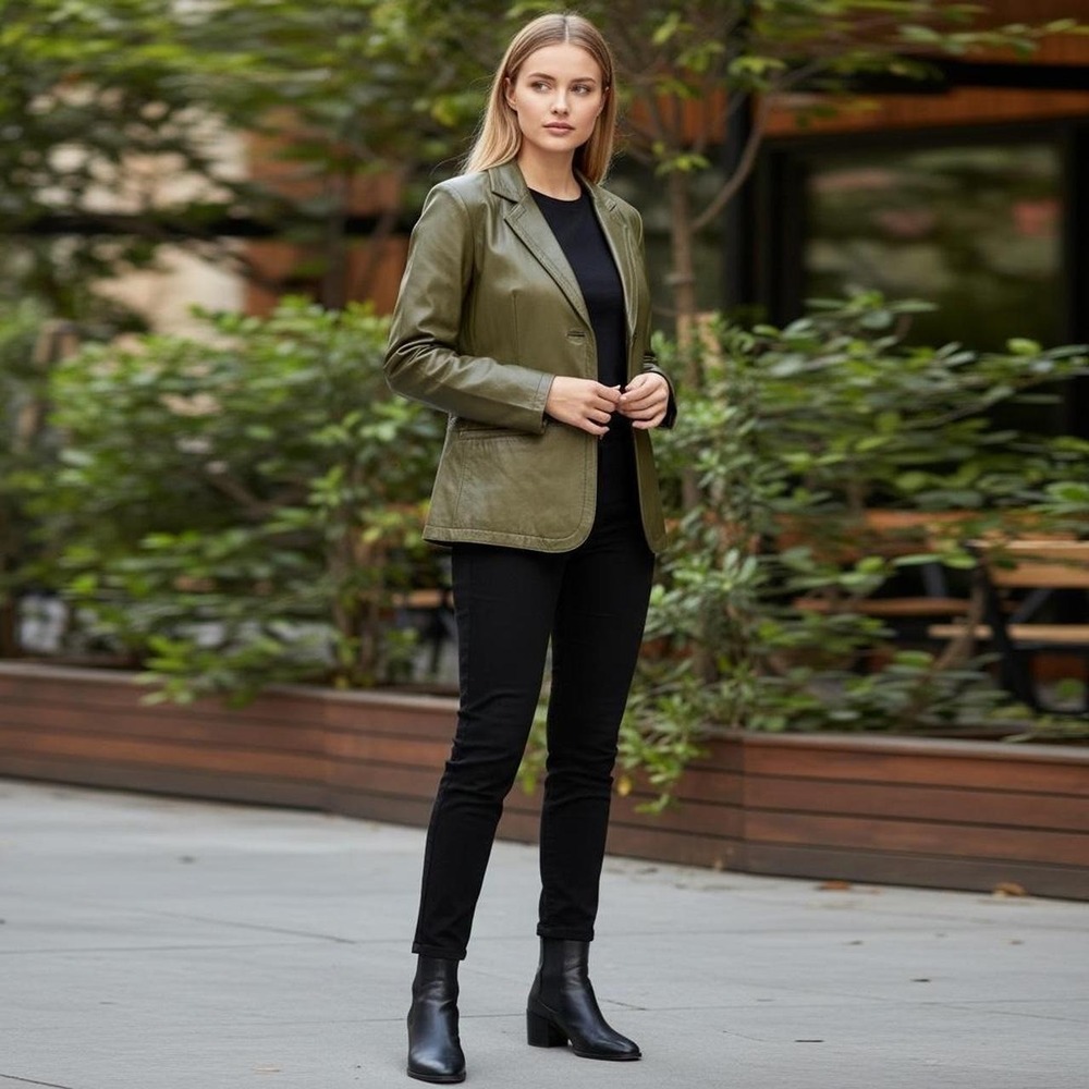 Bloomingdales Maggie Godfrey Olive Green Leather Blazer Jacket 2 Button Size 8